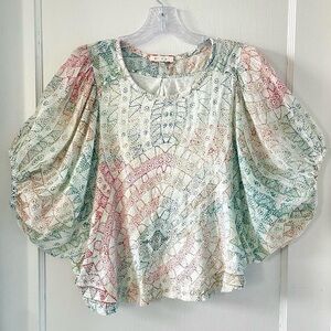Eri + Ali Oversized Puff Sleeve Boho Abstract Blouse Size Small